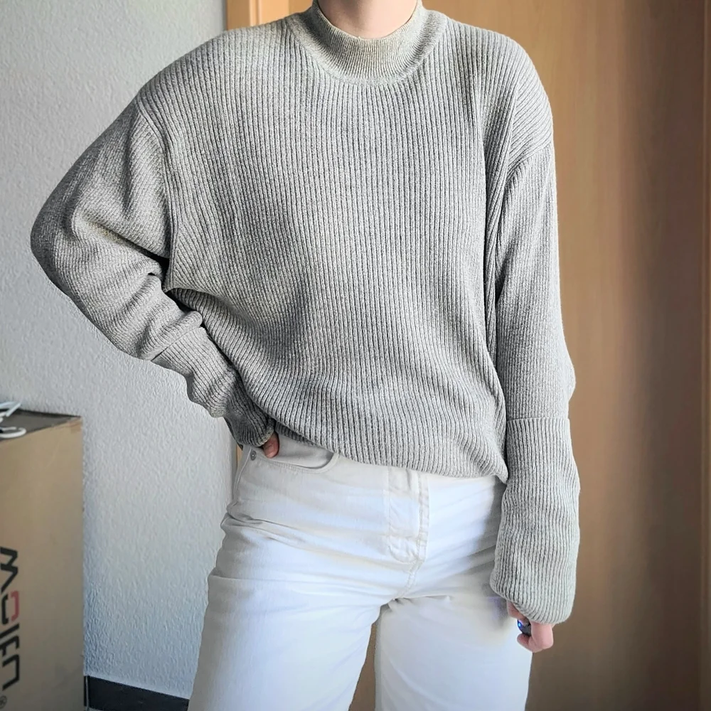 Perry Ellis Oatmeal Ribbed Knit Silk/Cotton Long Sleeve Mock Neck Sweater - XL - Picture 7 of 16